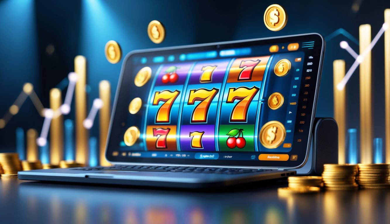 Layar perangkat digital menampilkan permainan mesin slot online dengan simbol kemenangan dan grafik statistik kemenangan tinggi.