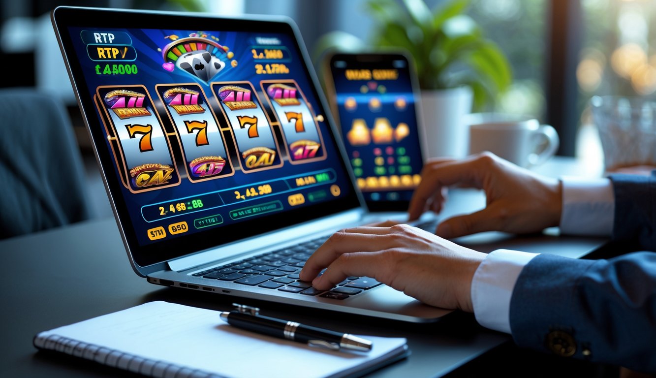 Seseorang sedang menggunakan laptop di meja kerja dengan grafik mesin slot dan data RTP di layar, di samping notebook dan kopi.