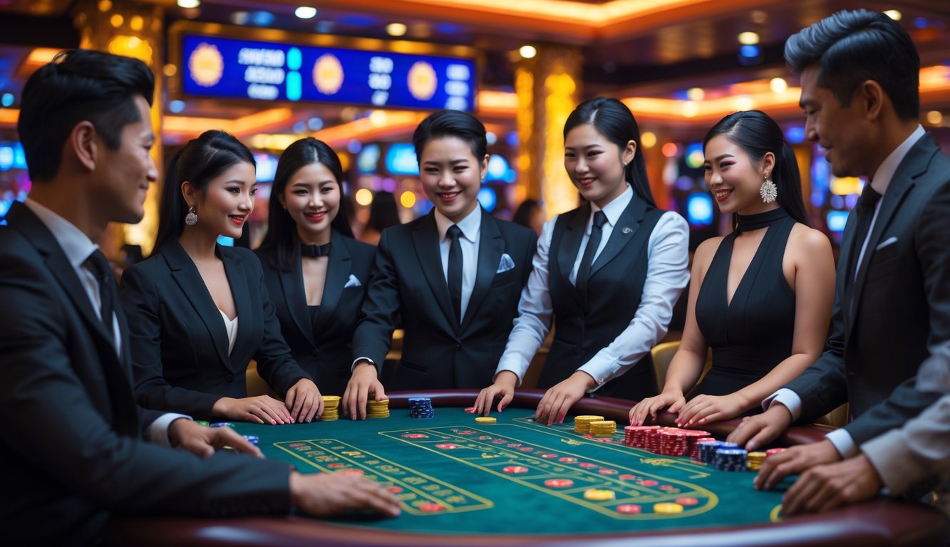 Dealer kasino Asia profesional yang sedang melayani pemain di meja permainan dengan lampu terang dan dekorasi mewah.
