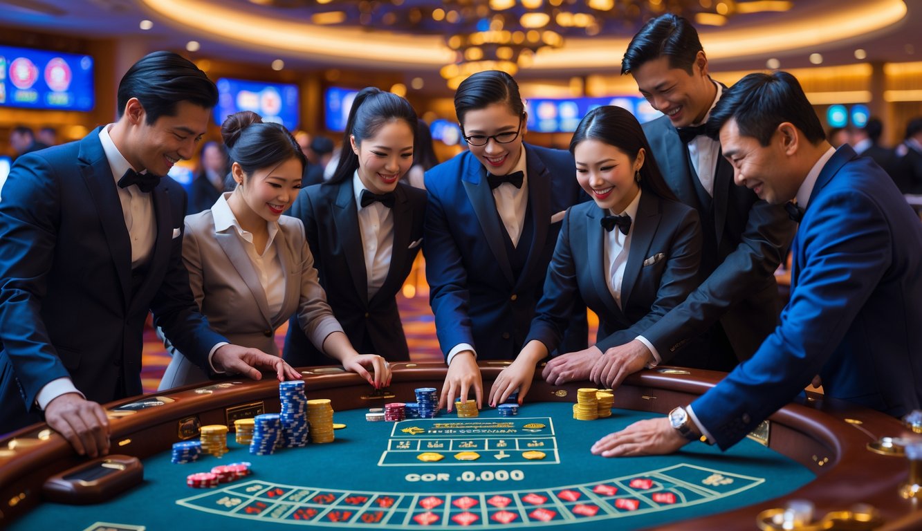 Suasana kasino langsung di Asia dengan dealer dan pemain yang sedang bermain di meja permainan.