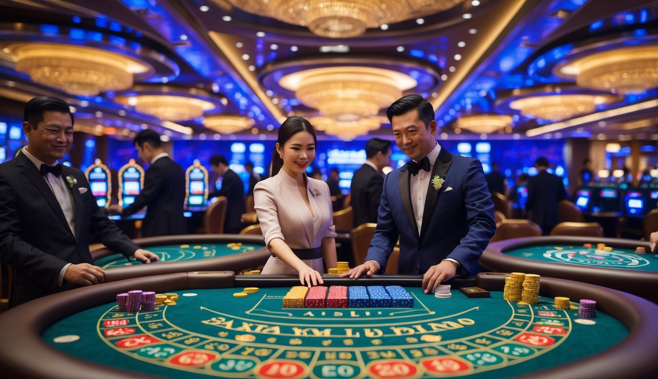 Suasana kasino langsung yang mewah dengan meja permainan dan dealer yang sedang melayani pemain.