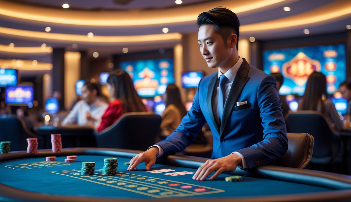 Seorang dealer kasino Asia yang berpakaian rapi di meja permainan dengan pemain yang sedang bermain di latar belakang.
