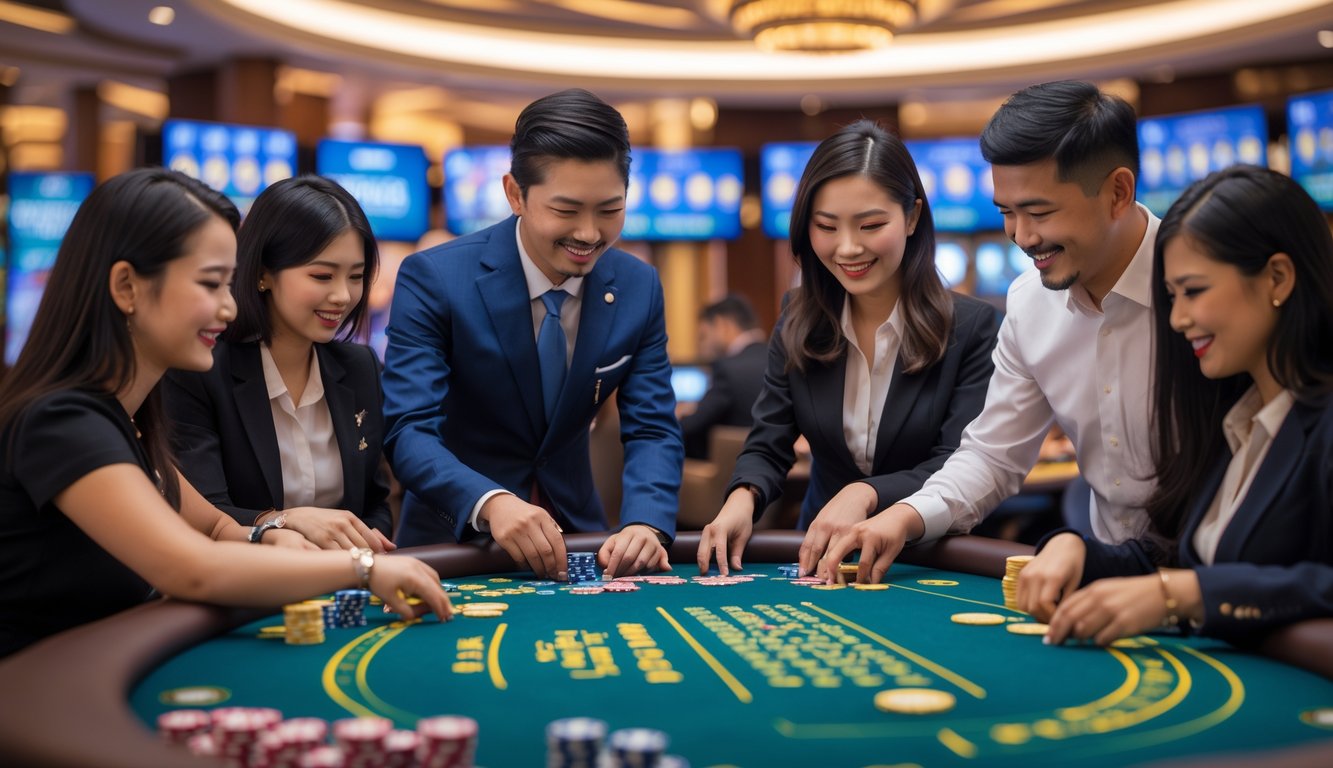 Orang-orang bermain di meja kasino langsung dengan dealer yang ramah di lingkungan kasino yang elegan dan terang.