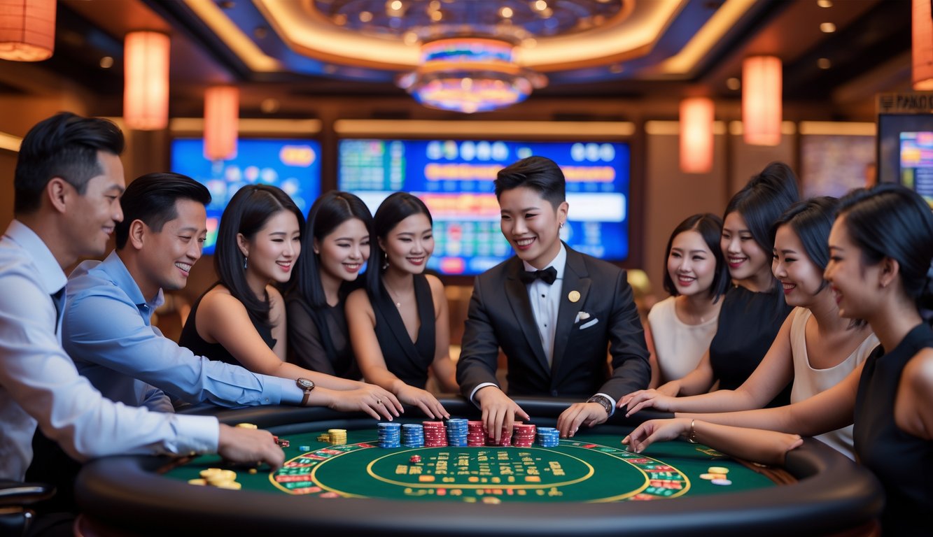Sejumlah pemain Asia sedang bermain di meja kasino langsung dengan dealer profesional di lingkungan kasino yang modern dan ramah.