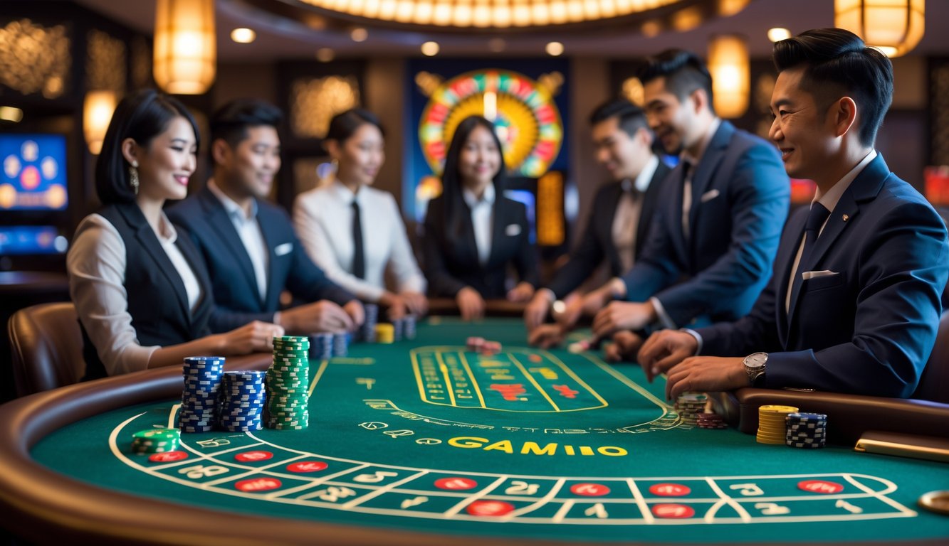 Suasana meja kasino langsung dengan dealer dan pemain Asia sedang bermain dalam lingkungan kasino yang modern dan elegan.