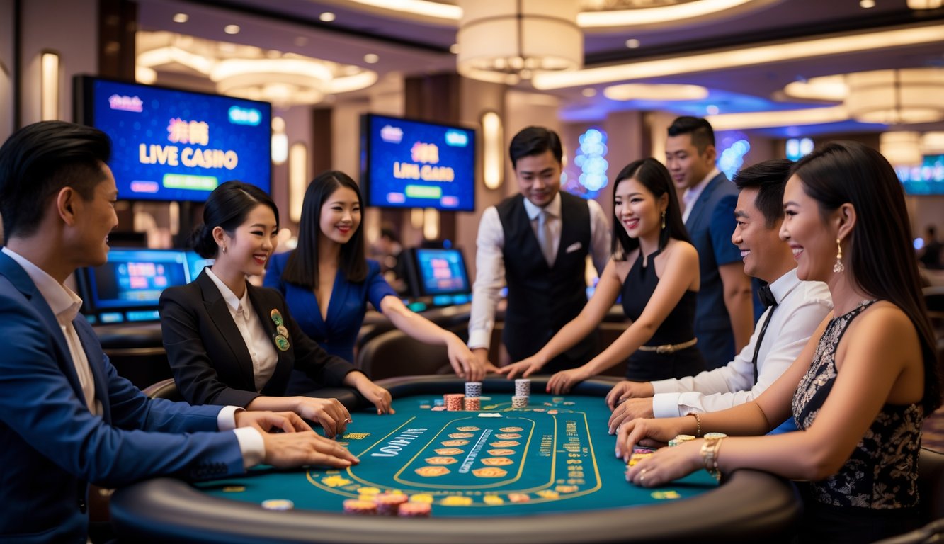 Orang-orang bermain di meja kasino langsung dengan latar belakang dekorasi bergaya Asia.