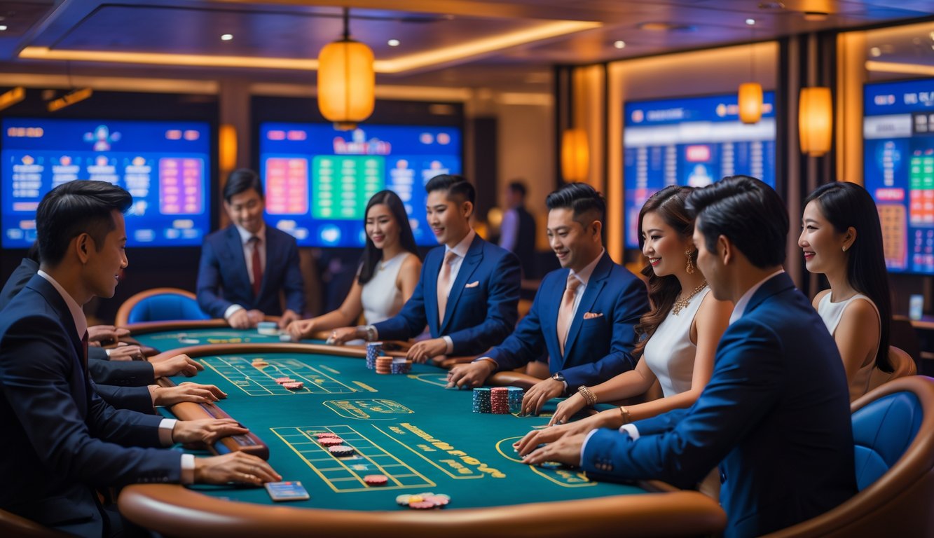 Orang-orang bermain di meja kasino langsung dengan latar belakang layar permainan dan dekorasi bergaya Asia.