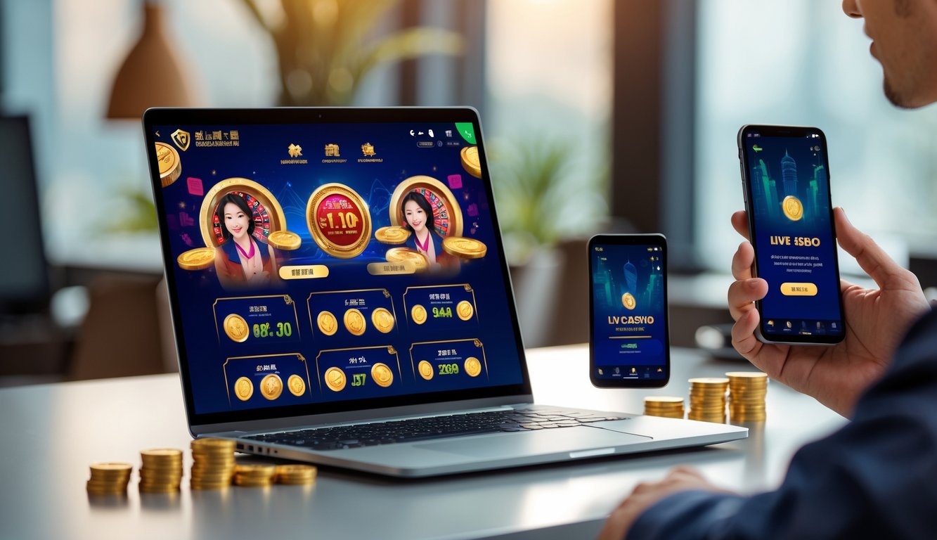 Seorang pemain menggunakan laptop dan ponsel untuk mengakses permainan kasino langsung Asia dengan suasana yang tenang dan profesional.