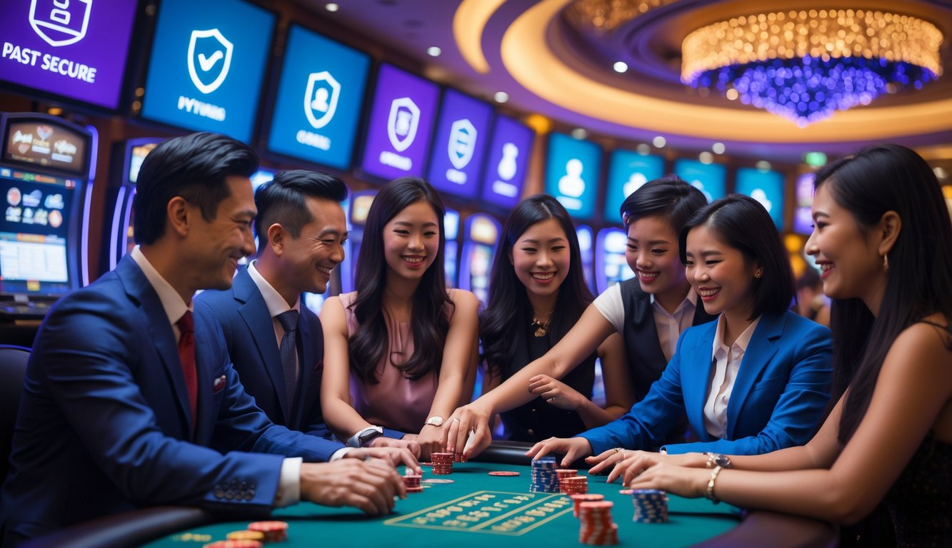 Sejumlah pemain Asia sedang bermain di meja kasino dengan suasana yang hidup dan pencahayaan warna-warni, menampilkan sistem pembayaran cepat secara digital di latar belakang.