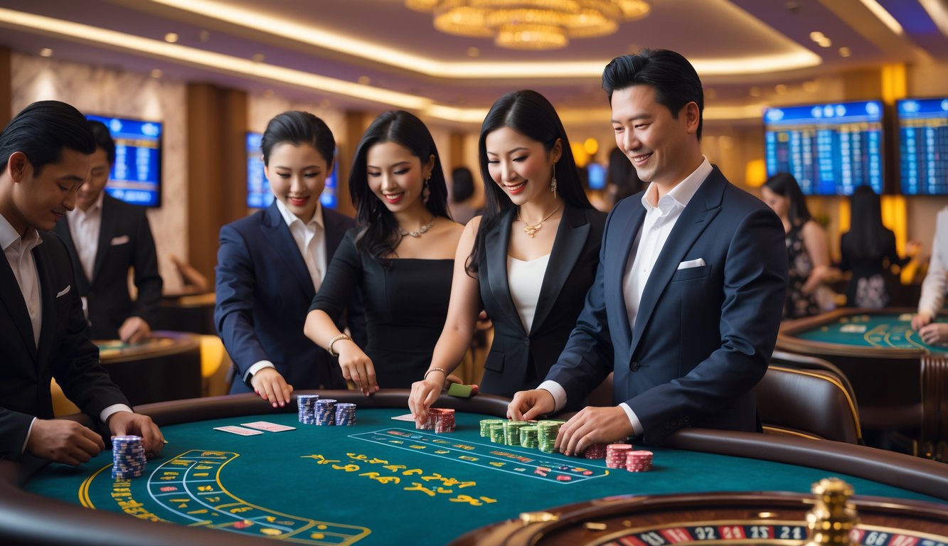 Beberapa pemain dan dealer sedang bermain di meja kasino langsung dengan suasana kasino yang elegan dan pencahayaan hangat.