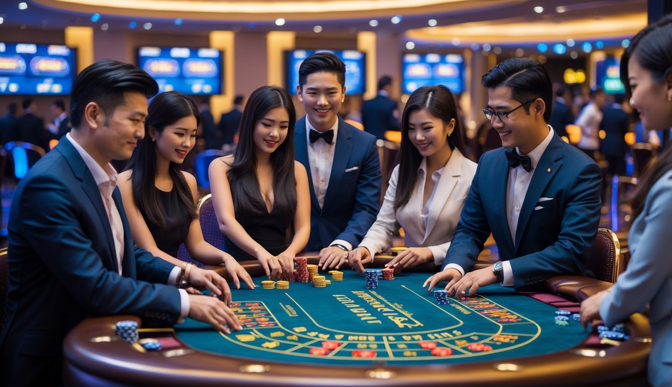 Sejumlah pemain Asia sedang bermain di meja kasino langsung dengan dealer di latar belakang kasino yang ramai.