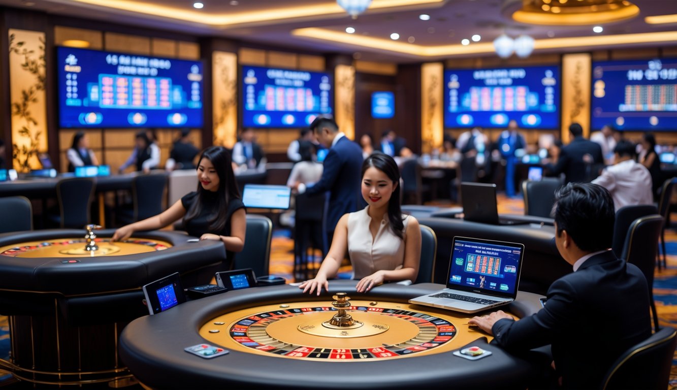 Suasana kasino langsung Asia dengan dealer dan pemain yang berinteraksi melalui perangkat digital di meja permainan.