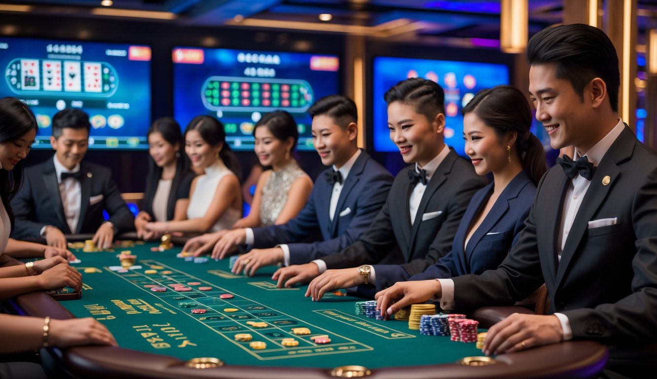 Sejumlah orang Asia bermain permainan kasino langsung di meja yang mewah dengan dealer dan layar digital di latar belakang.