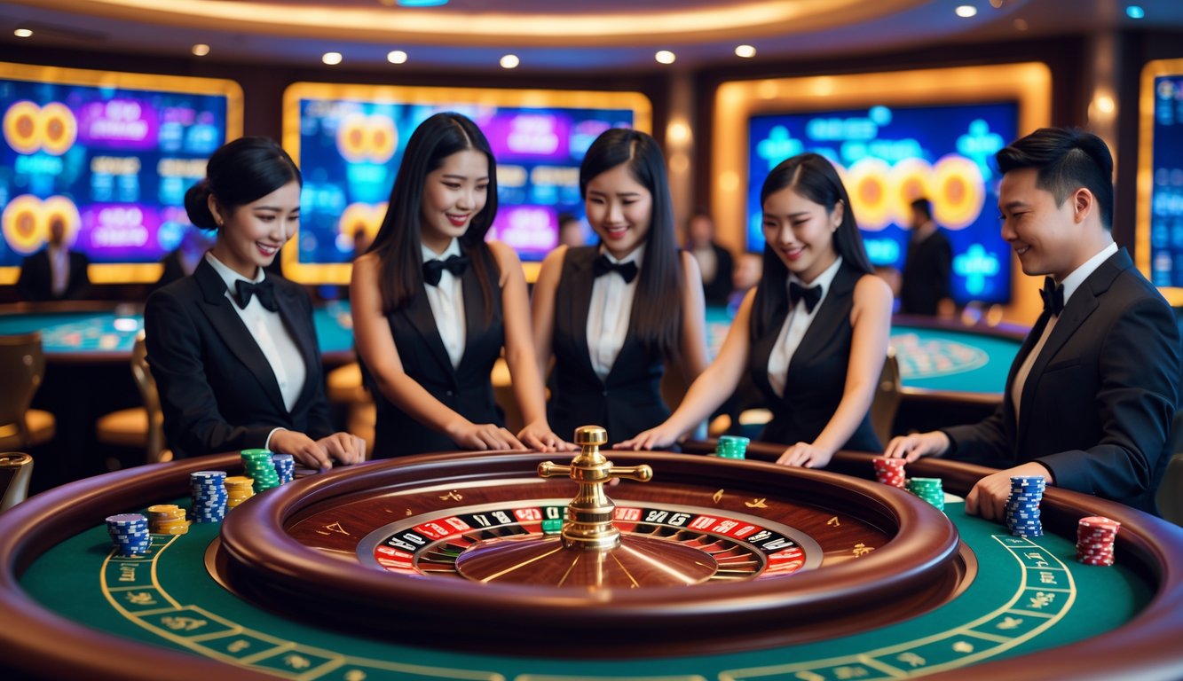 Suasana kasino langsung di Asia dengan meja permainan, dealer profesional, dan pemain yang antusias dalam lingkungan mewah dan terang.