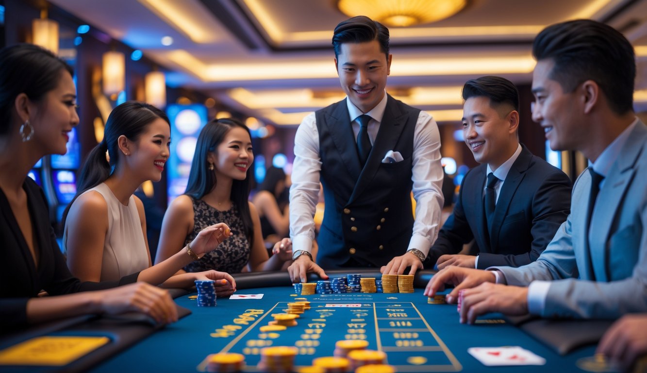 Seorang dealer dan pemain sedang bermain di meja kasino langsung dengan dekorasi bergaya Asia di latar belakang.