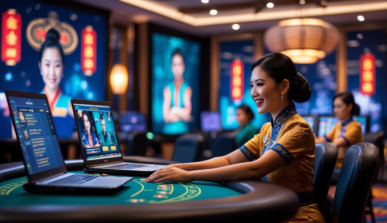 Suasana kasino langsung dengan dealer Asia sedang bermain dan pemain menggunakan laptop dan ponsel.