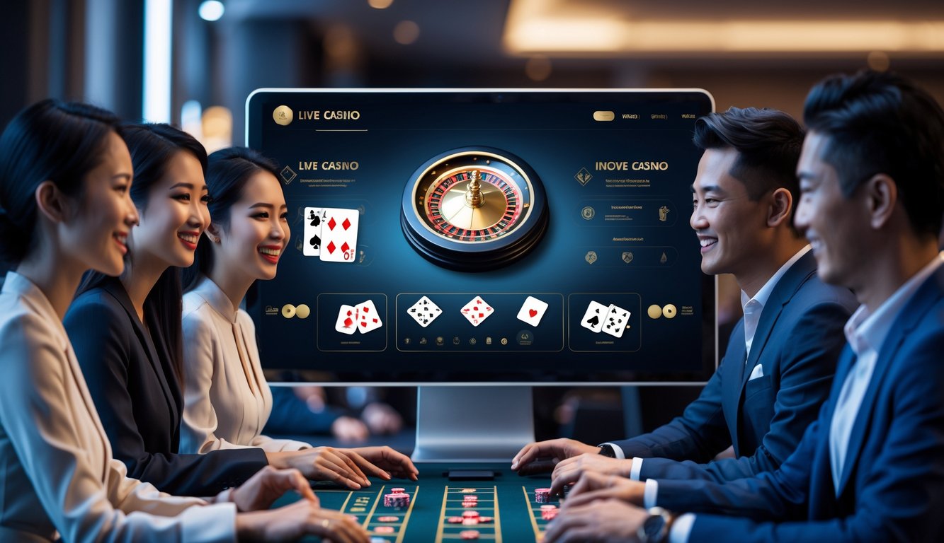Sekelompok orang muda bermain kasino langsung secara online dengan layar komputer besar menampilkan permainan kasino seperti roulette dan kartu.