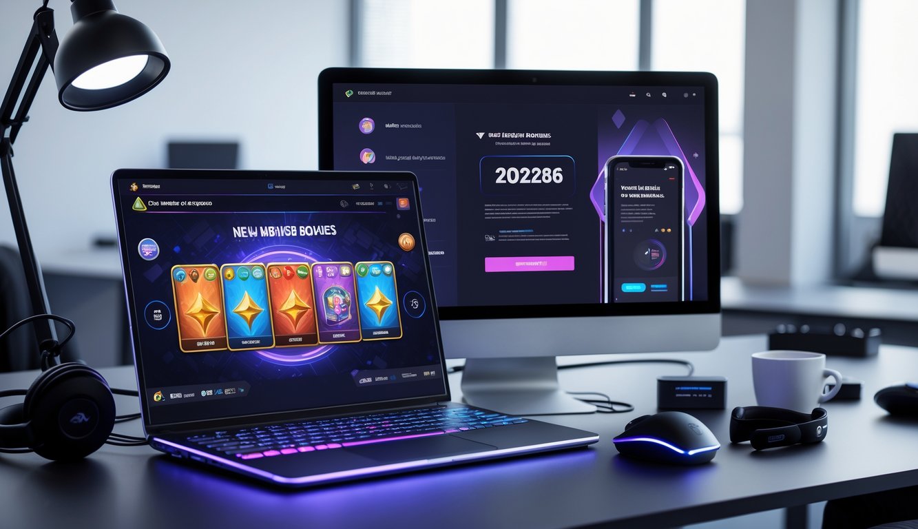 Sebuah ruang kerja modern dengan laptop dan ponsel yang menampilkan permainan kartu digital dan notifikasi bonus baru, dengan suasana kantor yang bersih dan terang.