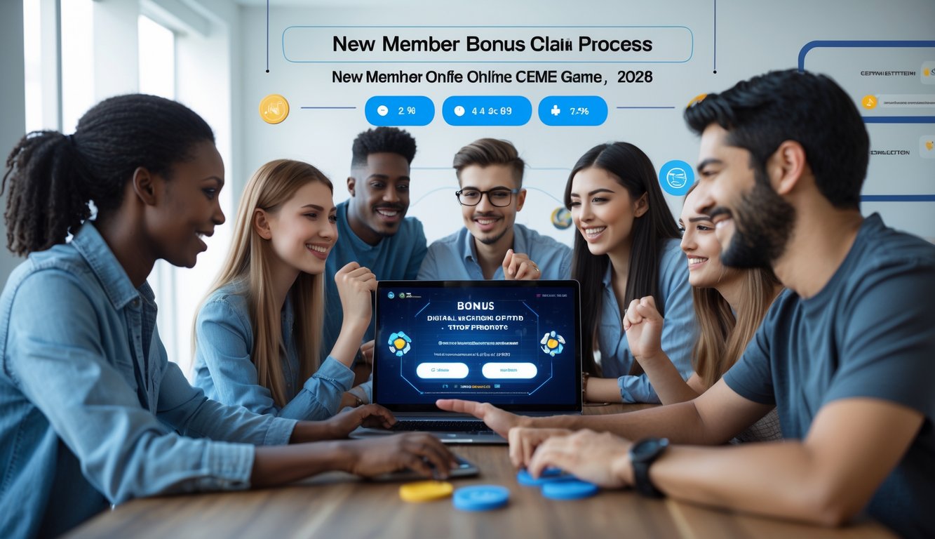 Sekelompok orang muda menggunakan laptop dan ponsel di ruangan terang sambil terlihat antusias bermain game online dan mengklaim bonus.