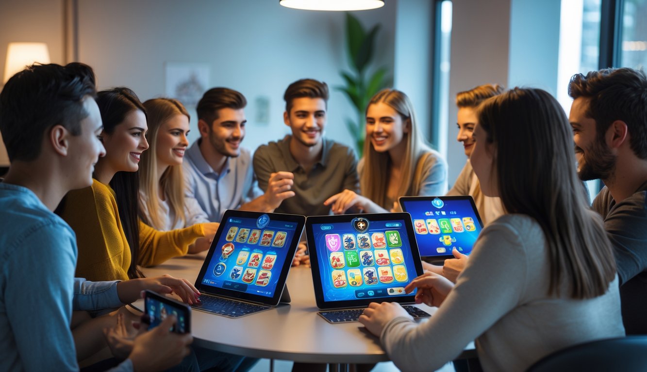 Sekelompok orang muda bermain permainan kartu secara online dengan perangkat digital di meja modern.