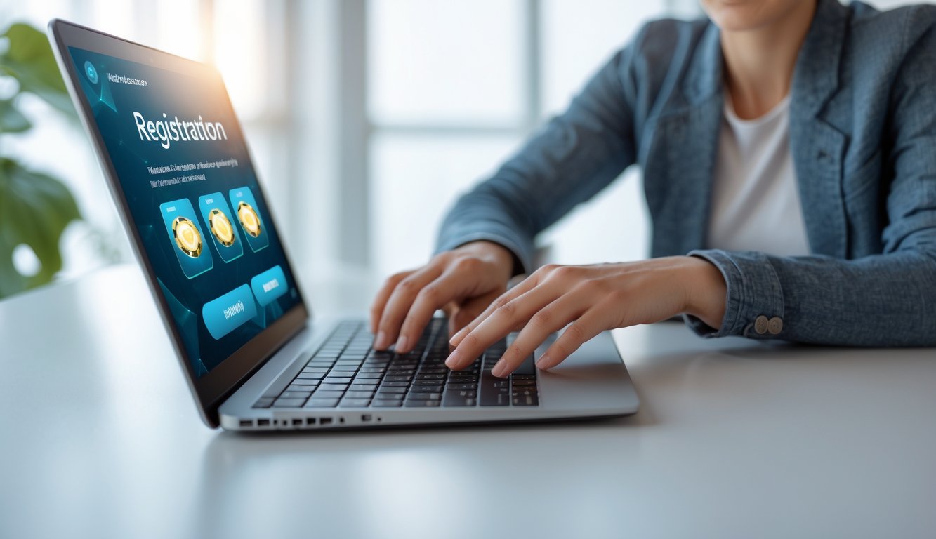 Seorang individu sedang menggunakan laptop di meja kerja untuk mendaftar permainan online dengan suasana terang dan rapi.