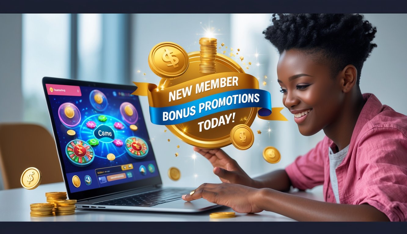 Seorang pemuda sedang menggunakan laptop dengan tampilan permainan kartu online, dikelilingi oleh koin emas dan simbol bonus yang bersinar.