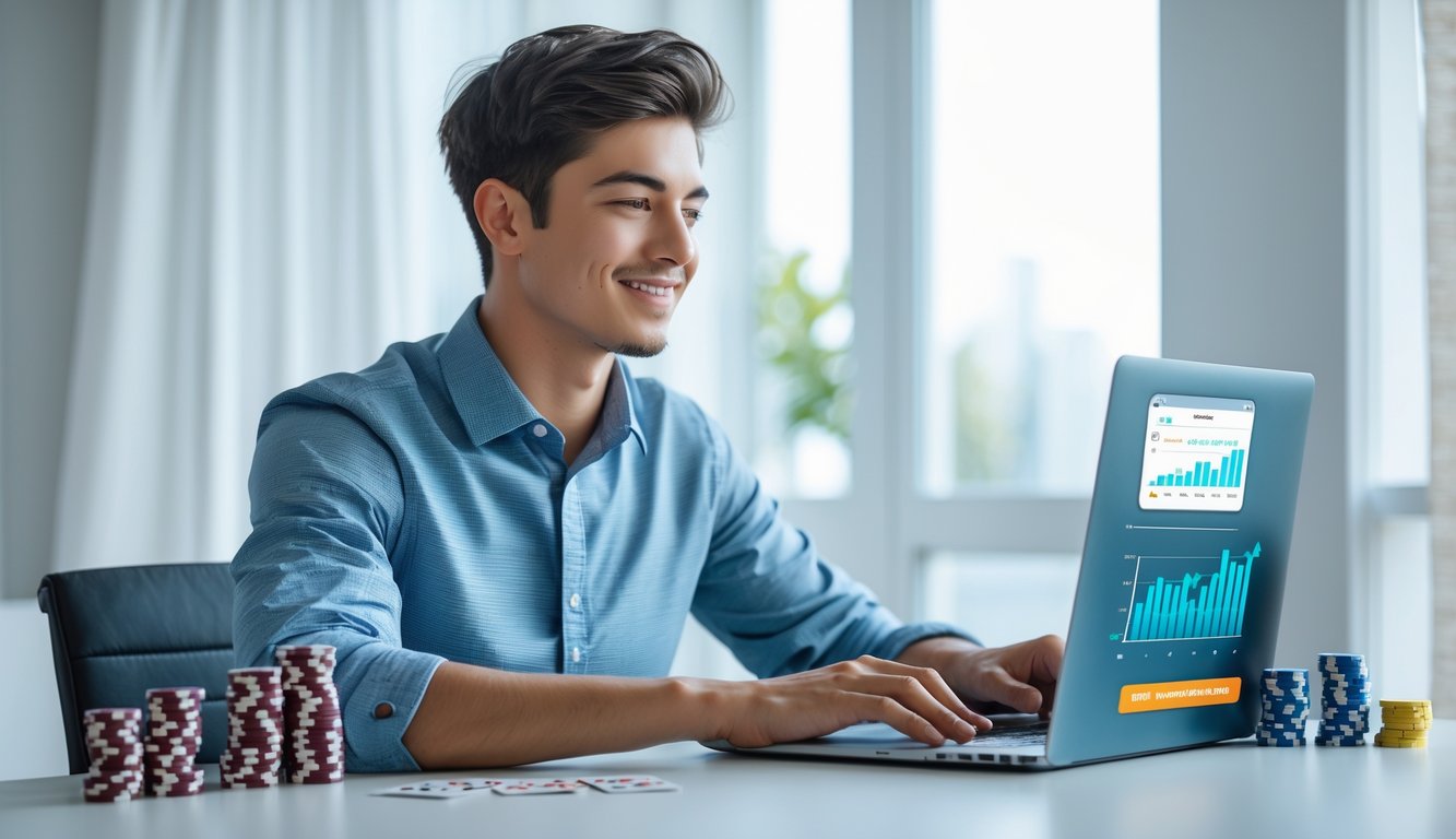 Seorang pria muda duduk di meja dengan laptop dan chip poker, fokus menggunakan situs permainan online.