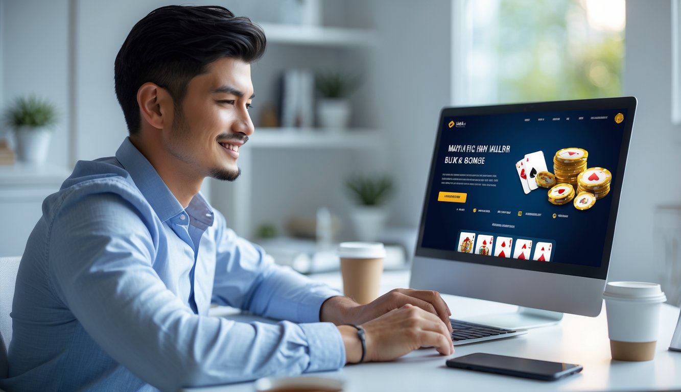 Seorang pria muda duduk di depan laptop di ruang kerja rumah yang terang, fokus melihat layar dengan ekspresi puas.