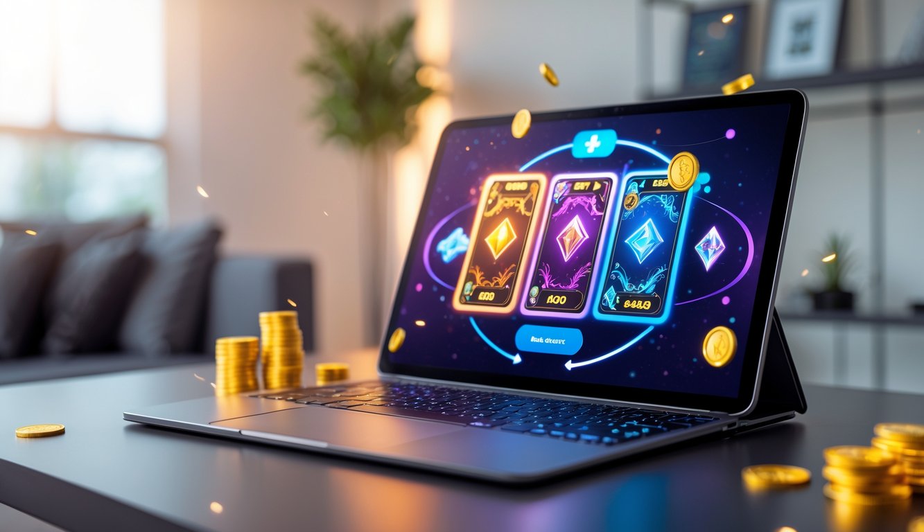 Sebuah ruang kerja modern dengan laptop yang menampilkan permainan kartu digital dan elemen bonus di sekitarnya.
