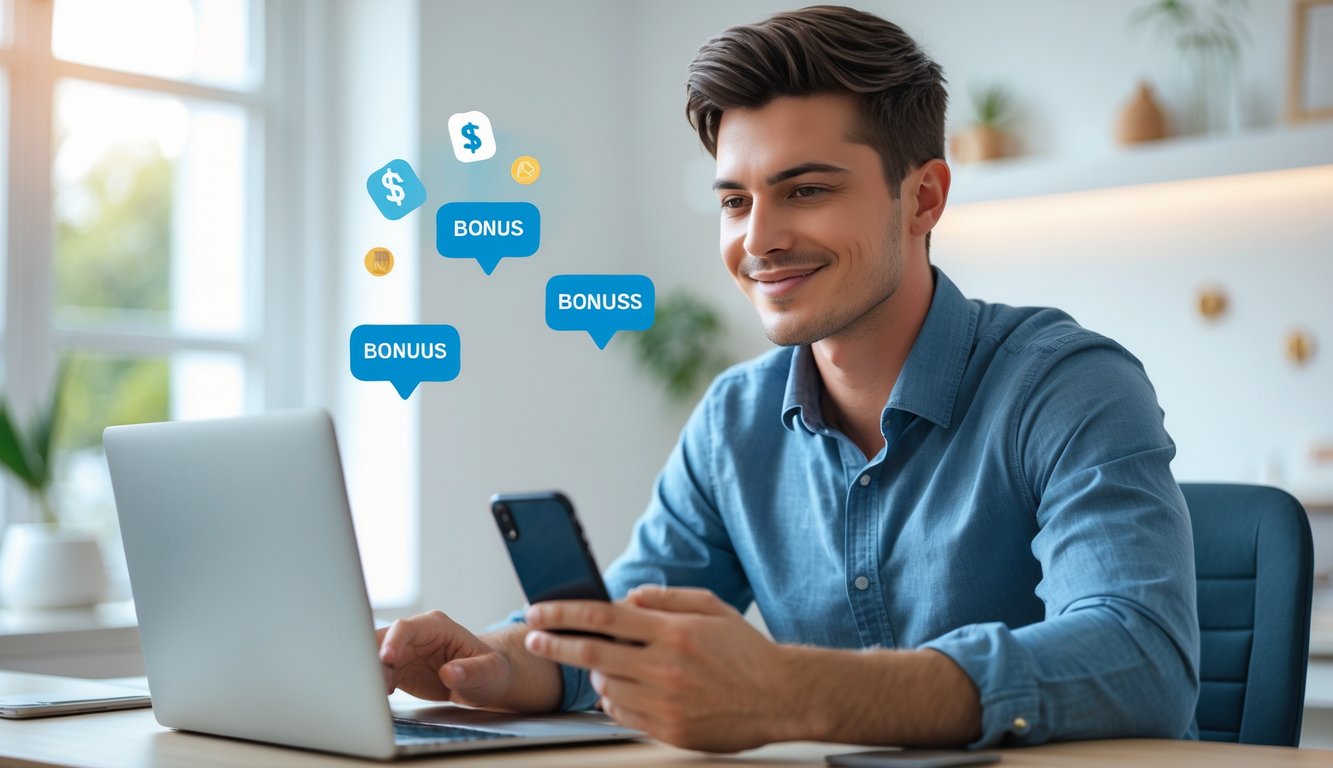 Seorang pria muda duduk di meja dengan laptop dan ponsel, tampak sedang menyelesaikan proses klaim bonus online dengan ekspresi puas di ruang kerja rumah yang terang.