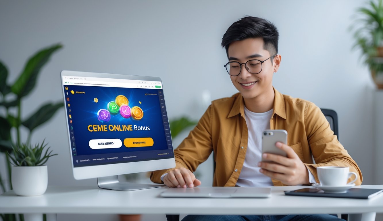 Seorang dewasa muda duduk di meja dengan laptop dan ponsel, menggunakan aplikasi game online dengan ekspresi fokus dan puas.