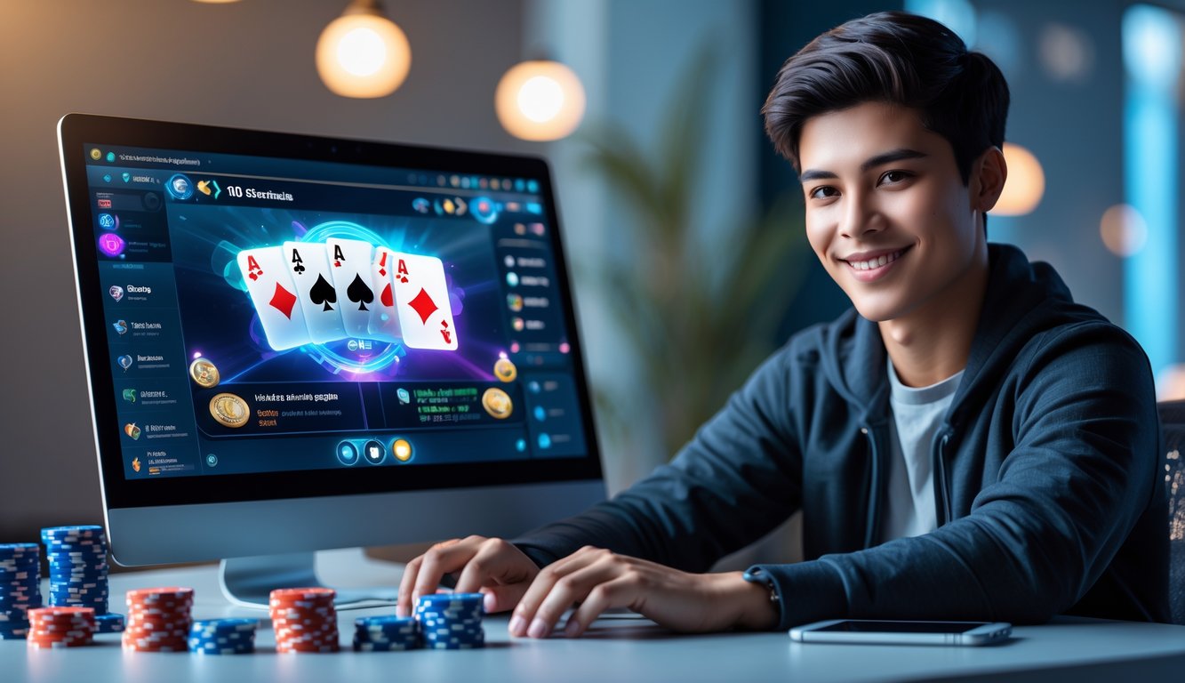 Seorang pemain muda sedang bermain permainan kartu online di depan laptop dengan chip poker dan kartu di meja.