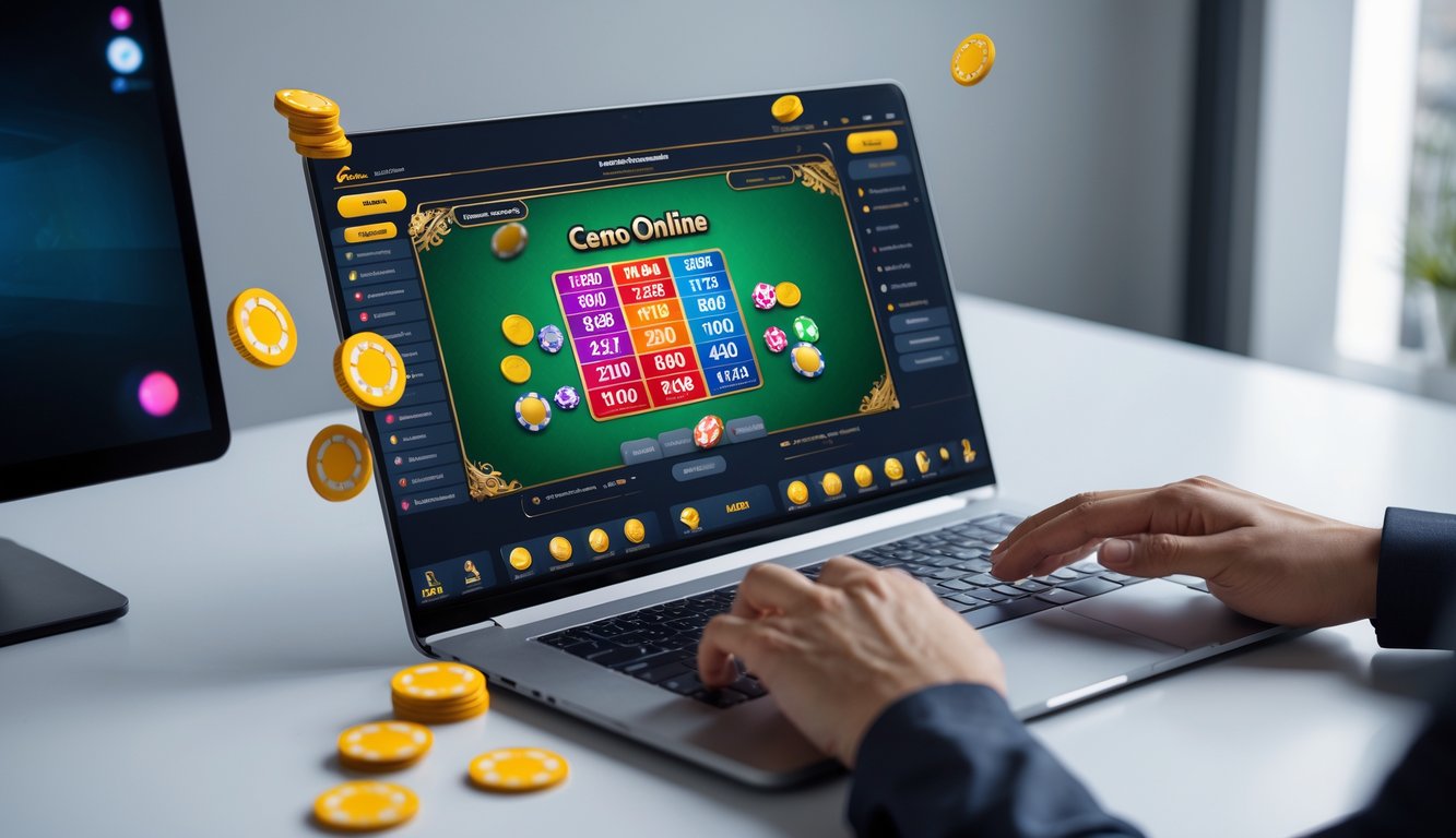 Tangan seseorang bermain permainan kartu Ceme Online di depan layar komputer dengan suasana ruang kerja yang bersih dan terang.