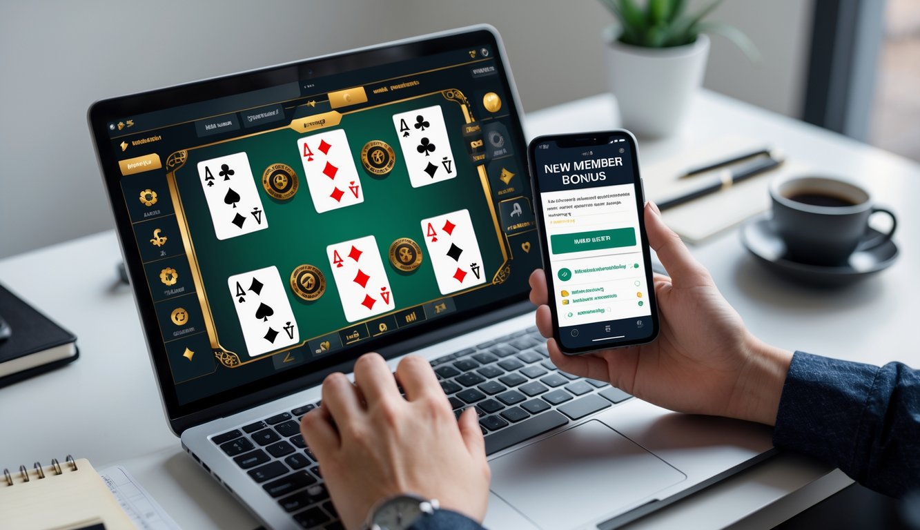 Seseorang menggunakan laptop dan ponsel untuk bermain kartu online dengan suasana kerja yang rapi dan fokus.