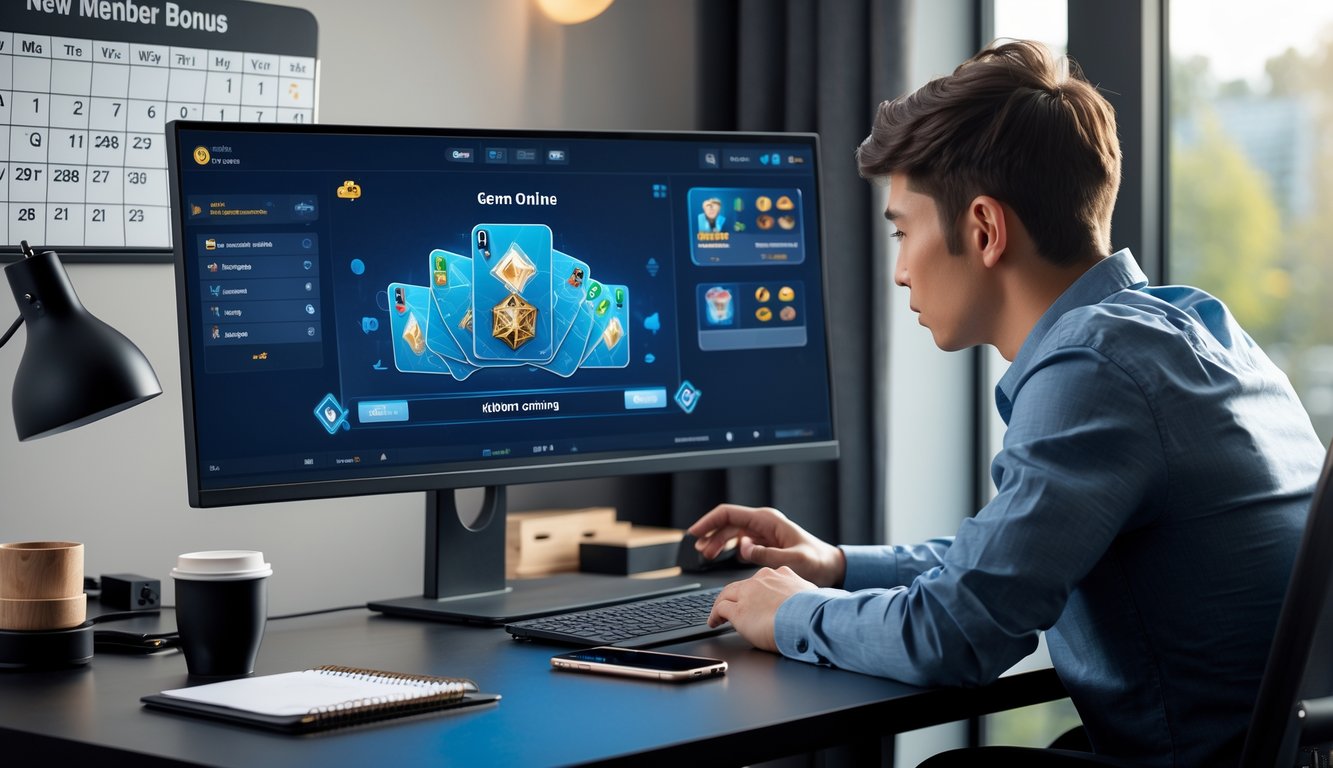 Seorang pria muda duduk di meja kerja dengan komputer menampilkan permainan kartu online, fokus merencanakan strategi menggunakan bonus anggota baru.
