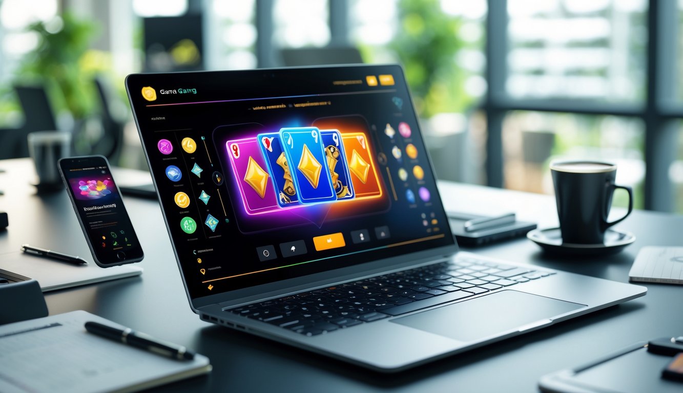 Sebuah ruang kerja modern dengan laptop yang menampilkan permainan kartu online, dikelilingi oleh ponsel, cangkir kopi, dan buku catatan di meja.