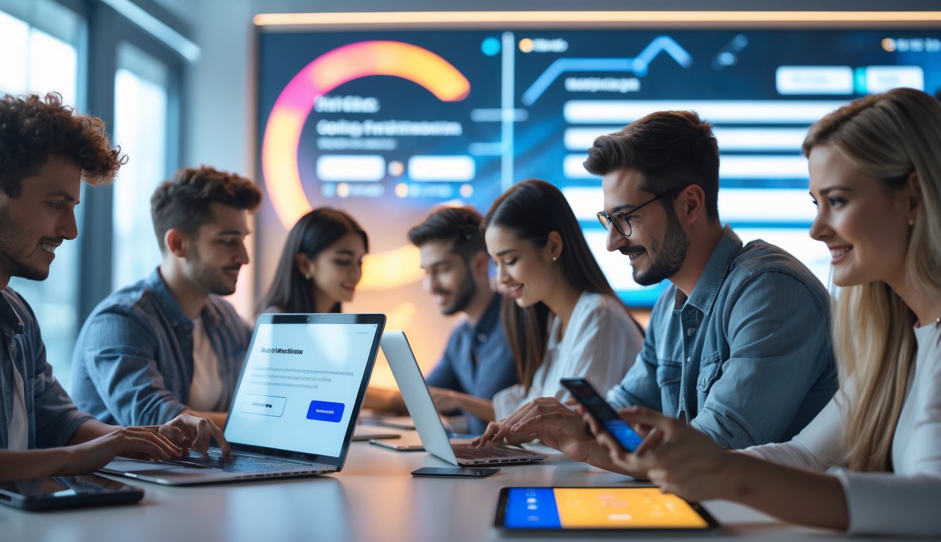 Beberapa orang muda menggunakan perangkat digital di ruang kantor modern untuk mendaftar bonus anggota baru secara online.