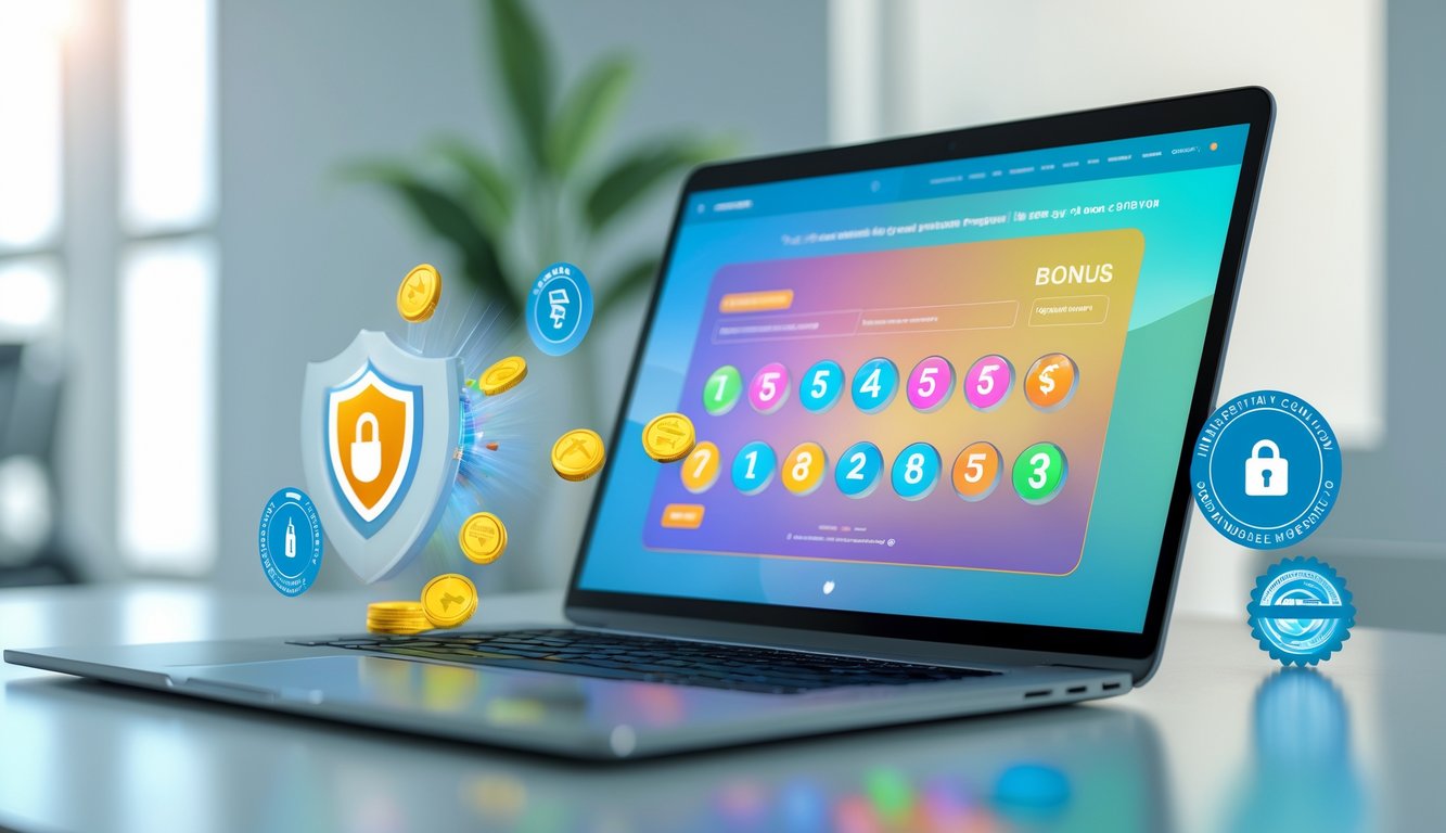 Sebuah laptop modern di atas meja dengan layar menampilkan antarmuka situs lotere online, dikelilingi ikon keamanan dan simbol bonus.