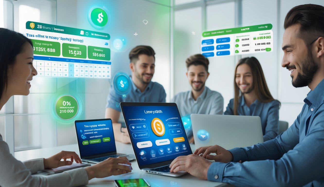 Orang-orang menggunakan laptop dan ponsel di ruangan modern dengan tampilan angka lotere dan simbol bonus di layar.