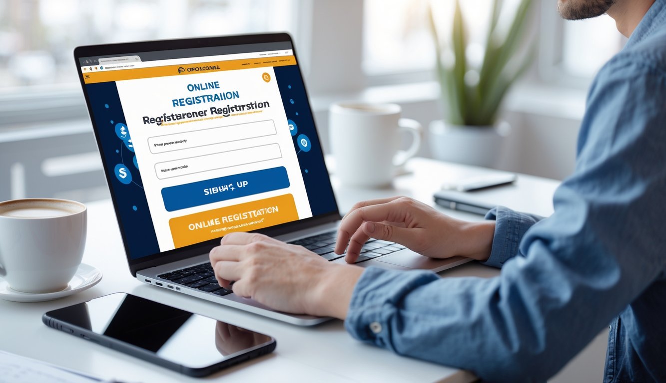 Seseorang menggunakan laptop di meja kerja dengan suasana cerah dan rapi, terlihat fokus mendaftar di situs togel online.