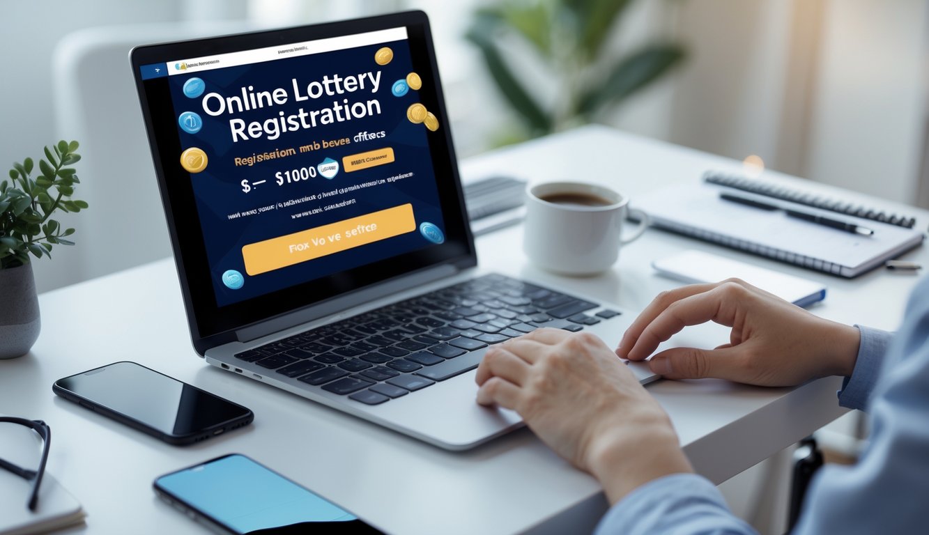 Meja kerja dengan laptop yang menampilkan situs pendaftaran togel online, tangan seseorang sedang mengetik, dengan smartphone, kopi, dan buku catatan di sekitar.