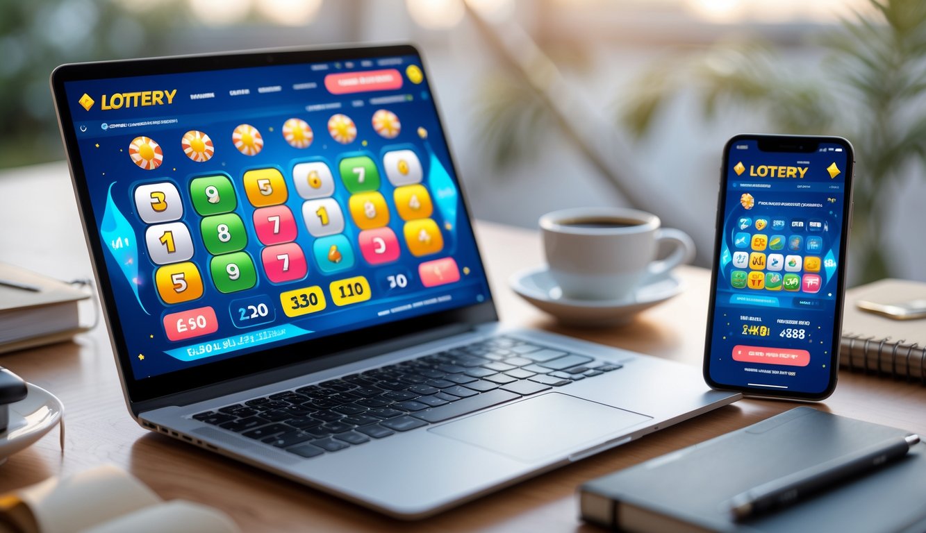 Seorang pengguna sedang bermain togel online di laptop dan ponsel di meja kerja yang rapi dengan cahaya alami.