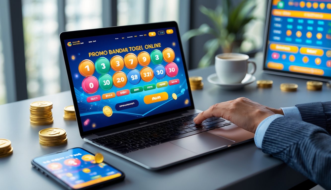 Seorang pria menggunakan laptop di meja kerja dengan layar menampilkan situs togel online dan simbol bonus di sekitar perangkat.