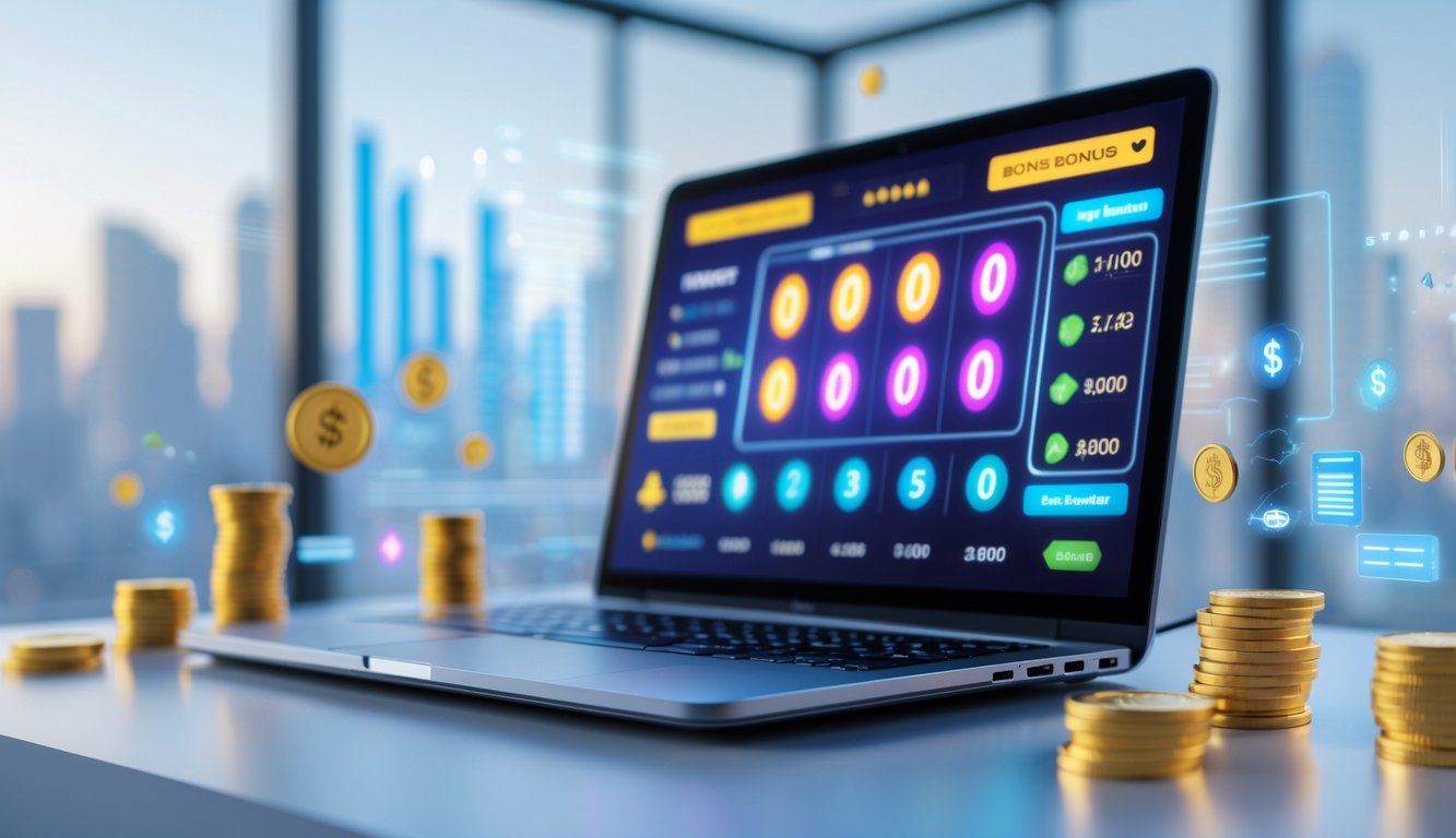 Sebuah ruang kerja modern dengan laptop yang menampilkan antarmuka permainan online dan elemen simbol bonus tanpa potongan.
