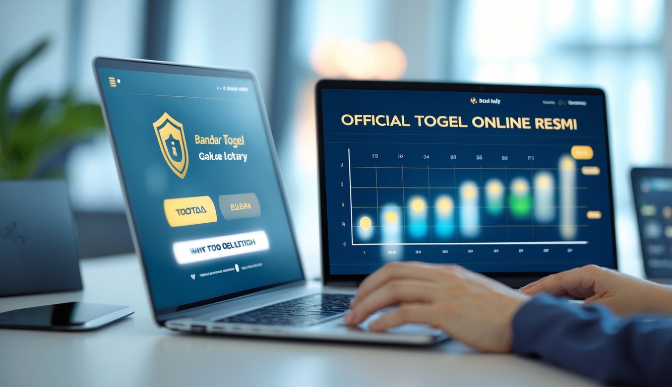 Seseorang menggunakan laptop di ruang kerja modern dengan tampilan antarmuka lotre digital dan simbol keamanan di latar belakang.