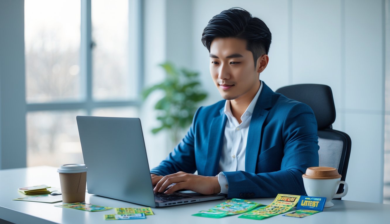 Seorang pria muda duduk di meja dengan laptop dan tiket togel, tampak fokus dan percaya diri di ruangan kantor yang terang.