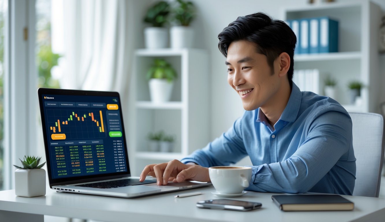 Seorang pria muda duduk di meja kerja dengan laptop, terlihat percaya diri dan tersenyum di ruang kerja yang rapi.