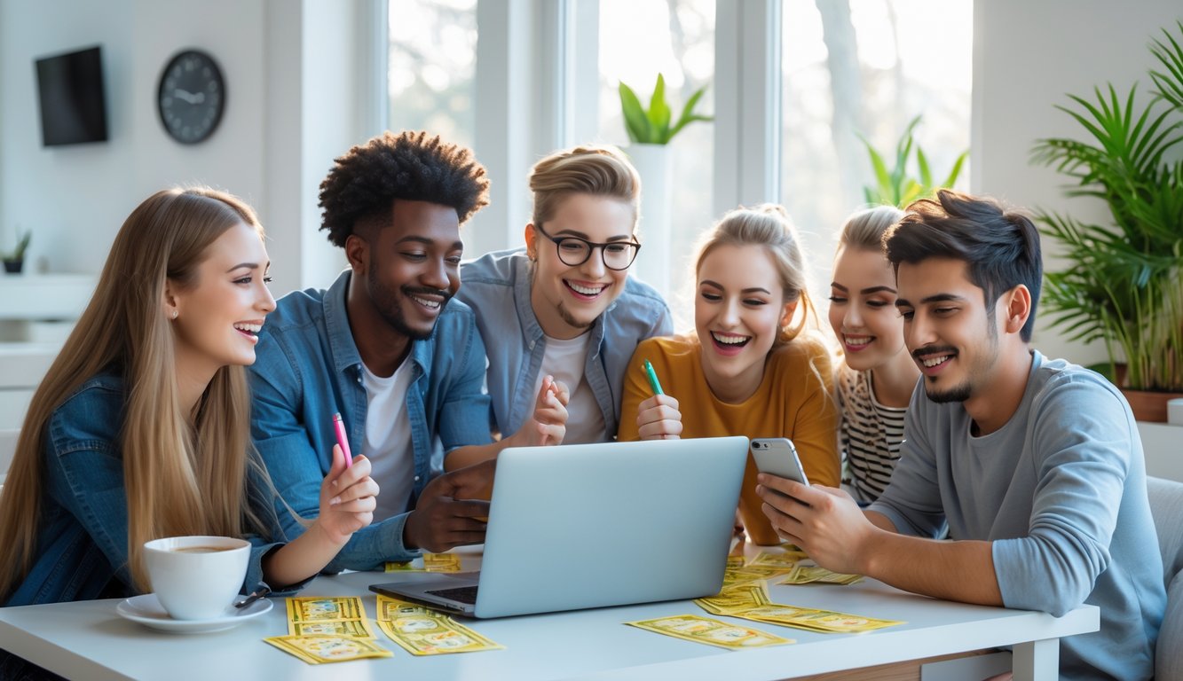 Beberapa orang muda sedang menggunakan laptop dan ponsel di ruang tamu yang terang, tampak antusias bermain permainan lotere online.