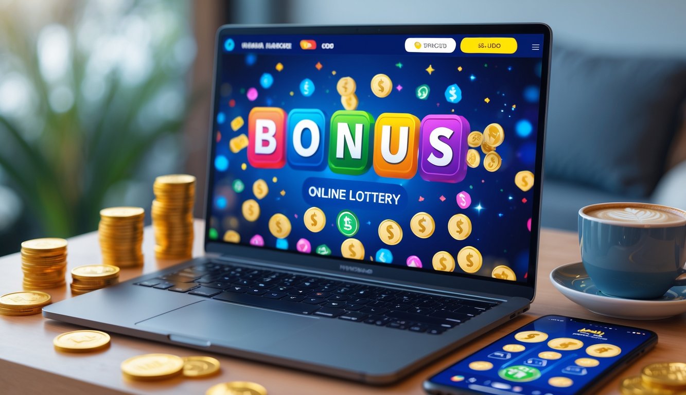 Seorang pengguna duduk di depan laptop dengan tampilan situs togel online dan elemen digital seperti koin dan ponsel di meja kerja.