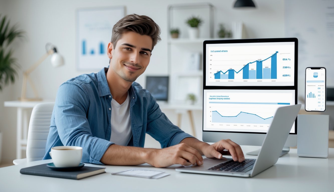 Seorang pria muda duduk di meja kerja dengan laptop, melihat grafik dan data keuangan di layar, menunjukkan suasana sukses dan peluang keuntungan.